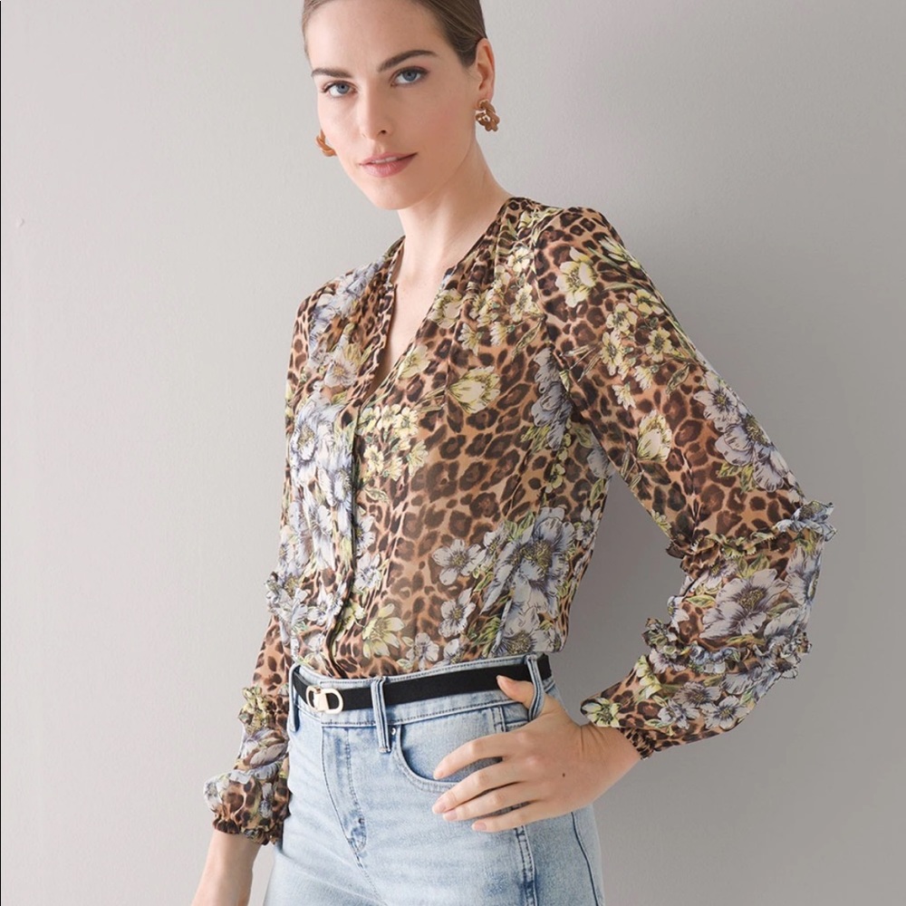 White House Black Market Leopard and Floral Ruffle Sleeve Blouse
